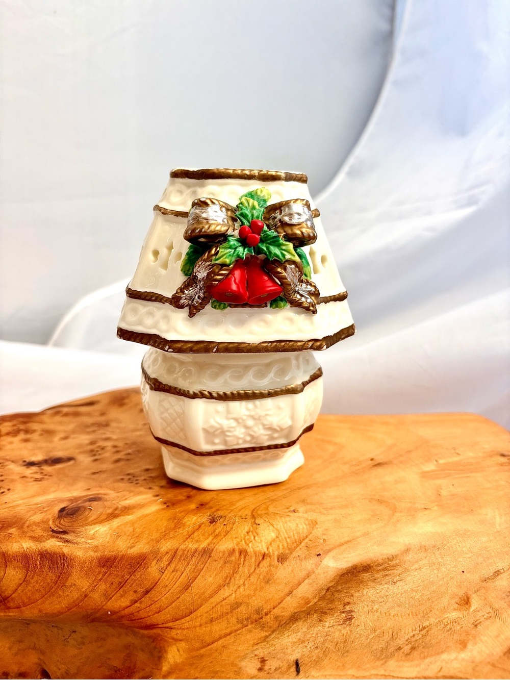 Vintage Ceramic Christmas Fairy Lamp in Cream, Red, and green